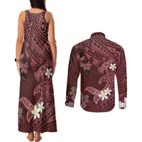 Polynesia Hammerhead Shark Couples Matching Tank Maxi Dress and Long Sleeve Button Shirt Tropical Flowers Tribal Pattern Oxblood LT05 - Polynesian Pride
