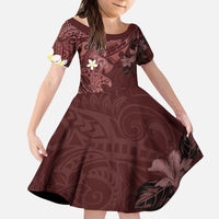 Polynesia Hammerhead Shark Kid Short Sleeve Dress Tropical Flowers Tribal Pattern Oxblood