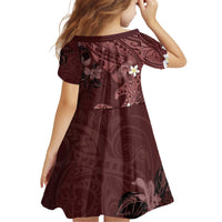 Polynesia Hammerhead Shark Kid Short Sleeve Dress Tropical Flowers Tribal Pattern Oxblood