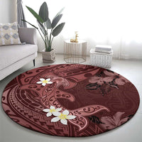 Polynesia Hammerhead Shark Round Carpet Tropical Flowers Tribal Pattern Oxblood