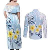 FSM Chuuk Constitution Day Couples Matching Off Shoulder Maxi Dress and Long Sleeve Button Shirt Polynesian Curves Plumeria - Polynesian Pride