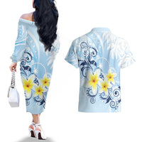 FSM Chuuk Constitution Day Couples Matching Off The Shoulder Long Sleeve Dress and Hawaiian Shirt Polynesian Curves Plumeria - Polynesian Pride