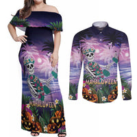 Happy Hulaween Couples Matching Off Shoulder Maxi Dress and Long Sleeve Button Shirt Mahaloween Skeleton Dancing LT05 Purple - Polynesian Pride