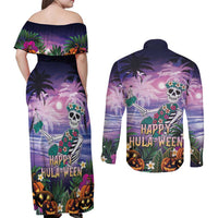 Happy Hulaween Couples Matching Off Shoulder Maxi Dress and Long Sleeve Button Shirt Mahaloween Skeleton Dancing LT05 - Polynesian Pride