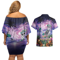 Happy Hulaween Couples Matching Off Shoulder Short Dress and Hawaiian Shirt Mahaloween Skeleton Dancing LT05 - Polynesian Pride