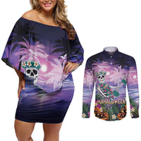 Happy Hulaween Couples Matching Off Shoulder Short Dress and Long Sleeve Button Shirt Mahaloween Skeleton Dancing LT05 Purple - Polynesian Pride