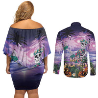 Happy Hulaween Couples Matching Off Shoulder Short Dress and Long Sleeve Button Shirt Mahaloween Skeleton Dancing LT05 - Polynesian Pride