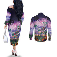 Happy Hulaween Couples Matching Off The Shoulder Long Sleeve Dress and Long Sleeve Button Shirt Mahaloween Skeleton Dancing LT05 - Polynesian Pride