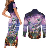 Happy Hulaween Couples Matching Short Sleeve Bodycon Dress and Long Sleeve Button Shirt Mahaloween Skeleton Dancing LT05 - Polynesian Pride