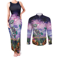 Happy Hulaween Couples Matching Tank Maxi Dress and Long Sleeve Button Shirt Mahaloween Skeleton Dancing LT05 Purple - Polynesian Pride