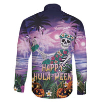 Happy Hulaween Family Matching Off The Shoulder Long Sleeve Dress and Hawaiian Shirt Mahaloween Skeleton Dancing