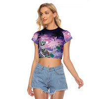 Happy Hulaween Raglan Cropped T Shirt Mahaloween Skeleton Dancing LT05 Female Purple - Polynesian Pride