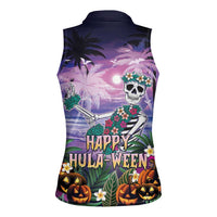 Happy Hulaween Women Sleeveless Polo Shirt Mahaloween Skeleton Dancing