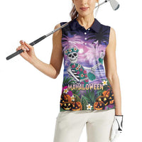 Happy Hulaween Women Sleeveless Polo Shirt Mahaloween Skeleton Dancing