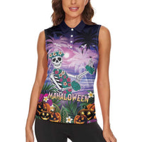 Happy Hulaween Women Sleeveless Polo Shirt Mahaloween Skeleton Dancing