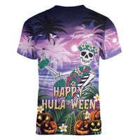 Happy Hulaween Women V-Neck T-Shirt Mahaloween Skeleton Dancing LT05 - Polynesian Pride