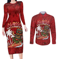 Personalised Aloha Halloween Couples Matching Long Sleeve Bodycon Dress and Long Sleeve Button Shirt Skeleton Surfing LT05 Red - Polynesian Pride