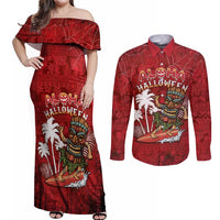 Personalised Aloha Halloween Couples Matching Off Shoulder Maxi Dress and Long Sleeve Button Shirt Skeleton Surfing LT05 Red - Polynesian Pride
