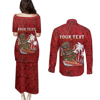 Personalised Aloha Halloween Couples Matching Puletasi and Long Sleeve Button Shirt Skeleton Surfing LT05 - Polynesian Pride