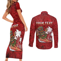 Personalised Aloha Halloween Couples Matching Short Sleeve Bodycon Dress and Long Sleeve Button Shirt Skeleton Surfing LT05 - Polynesian Pride