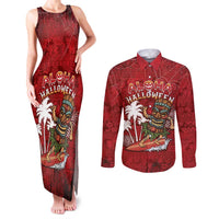 Personalised Aloha Halloween Couples Matching Tank Maxi Dress and Long Sleeve Button Shirt Skeleton Surfing LT05 Red - Polynesian Pride