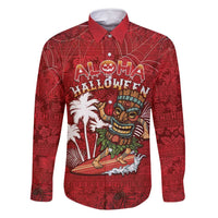 Personalised Aloha Halloween Family Matching Tank Maxi Dress and Hawaiian Shirt Skeleton Surfing LT05 Dad's Shirt - Long Sleeve Red - Polynesian Pride