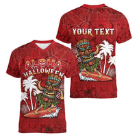 Personalised Aloha Halloween Women V-Neck T-Shirt Skeleton Surfing LT05 - Polynesian Pride
