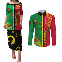 Personalised Vanuatu Happy Unity Day Couples Matching Puletasi Dress and Long Sleeve Button Shirt Polynesian Plumeria LT05 Red - Polynesian Pride