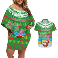 Personalised Cook Islands Christmas Couples Matching Off Shoulder Short Dress and Hawaiian Shirt Coconut Santa Beach Style LT05 Green - Polynesian Pride