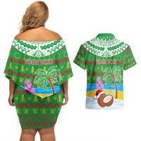 Personalised Cook Islands Christmas Couples Matching Off Shoulder Short Dress and Hawaiian Shirt Coconut Santa Beach Style LT05 - Polynesian Pride