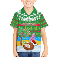 Personalised Cook Islands Christmas Family Matching Off Shoulder Short Dress and Hawaiian Shirt Coconut Santa Beach Style LT05 Son's Shirt Green - Polynesian Pride