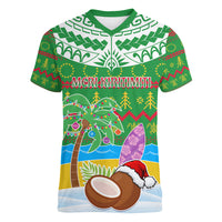 Personalised Cook Islands Christmas Women V Neck T Shirt Coconut Santa Beach Style LT05 Female Green - Polynesian Pride
