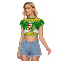 Custom Hawaii Kaimuki High School Christmas Raglan Cropped T Shirt Tropical Santa Claus LT05 Female Green - Polynesian Pride