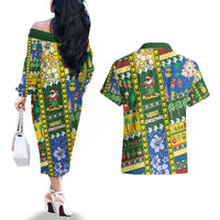 Solomon Islands Christmas Couples Matching Off The Shoulder Long Sleeve Dress and Hawaiian Shirt Festive Beach Vibes - Polynesian Pride