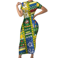Solomon Islands Christmas Short Sleeve Bodycon Dress Festive Beach Vibes LT05 Long Dress Green - Polynesian Pride