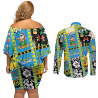 Tuvalu Christmas Couples Matching Off Shoulder Short Dress and Long Sleeve Button Shirt Festive Beach Vibes - Polynesian Pride