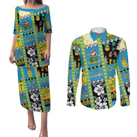 Tuvalu Christmas Couples Matching Puletasi and Long Sleeve Button Shirt Festive Beach Vibes LT05 Blue - Polynesian Pride