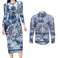 Samoa 685 Couples Matching Long Sleeve Bodycon Dress and Long Sleeve Button Shirt Polynesian Pattern Tie Dye Style LT05 Blue - Polynesian Pride