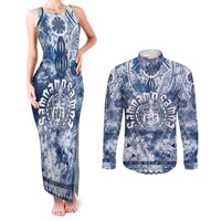 Samoa 685 Couples Matching Tank Maxi Dress and Long Sleeve Button Shirt Polynesian Pattern Tie Dye Style LT05 Blue - Polynesian Pride