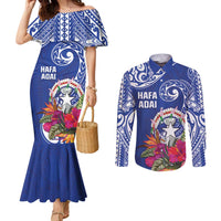 Hafa Adai Northern Mariana Islands Couples Matching Mermaid Dress and Long Sleeve Button Shirt Polynesian Tribal Pattern LT05 Blue - Polynesian Pride