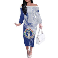 Personalized Northern Mariana Islands Off The Shoulder Long Sleeve Dress CNMI Seal LT05 Women Blue - Polynesian Pride
