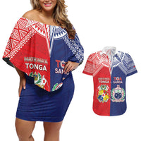 Custom Rugby Samoa And Tonga Couples Matching Off Shoulder Short Dress and Hawaiian Shirt Toa Samoa With Mate Maa - Polynesian Pride