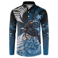 New Zealand Huia Bird Button Sweatshirt Aotearoa Maori Pattern LT05 Navy - Polynesian Pride