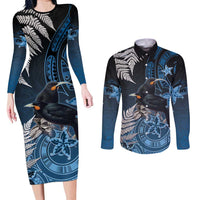 New Zealand Huia Bird Couples Matching Long Sleeve Bodycon Dress and Long Sleeve Button Shirt Aotearoa Maori Pattern
