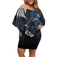 New Zealand Huia Bird Off Shoulder Short Dress Aotearoa Maori Pattern