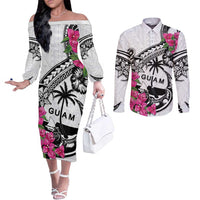 Guam Chamorro Couples Matching Off The Shoulder Long Sleeve Dress and Long Sleeve Button Shirt Bougainvillea White Polynesian Tribal Pattern LT05 White - Polynesian Pride