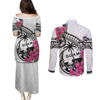 Guam Chamorro Couples Matching Puletasi and Long Sleeve Button Shirt Bougainvillea White Polynesian Tribal Pattern LT05 - Polynesian Pride