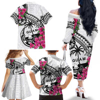 Guam Chamorro Family Matching Off The Shoulder Long Sleeve Dress and Hawaiian Shirt Bougainvillea White Polynesian Tribal Pattern