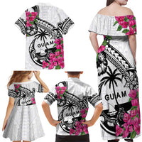 Guam Chamorro Family Matching Off Shoulder Maxi Dress and Hawaiian Shirt Bougainvillea White Polynesian Tribal Pattern