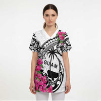 Guam Chamorro Scrub Top Bougainvillea White Polynesian Tribal Pattern LT05 - Polynesian Pride